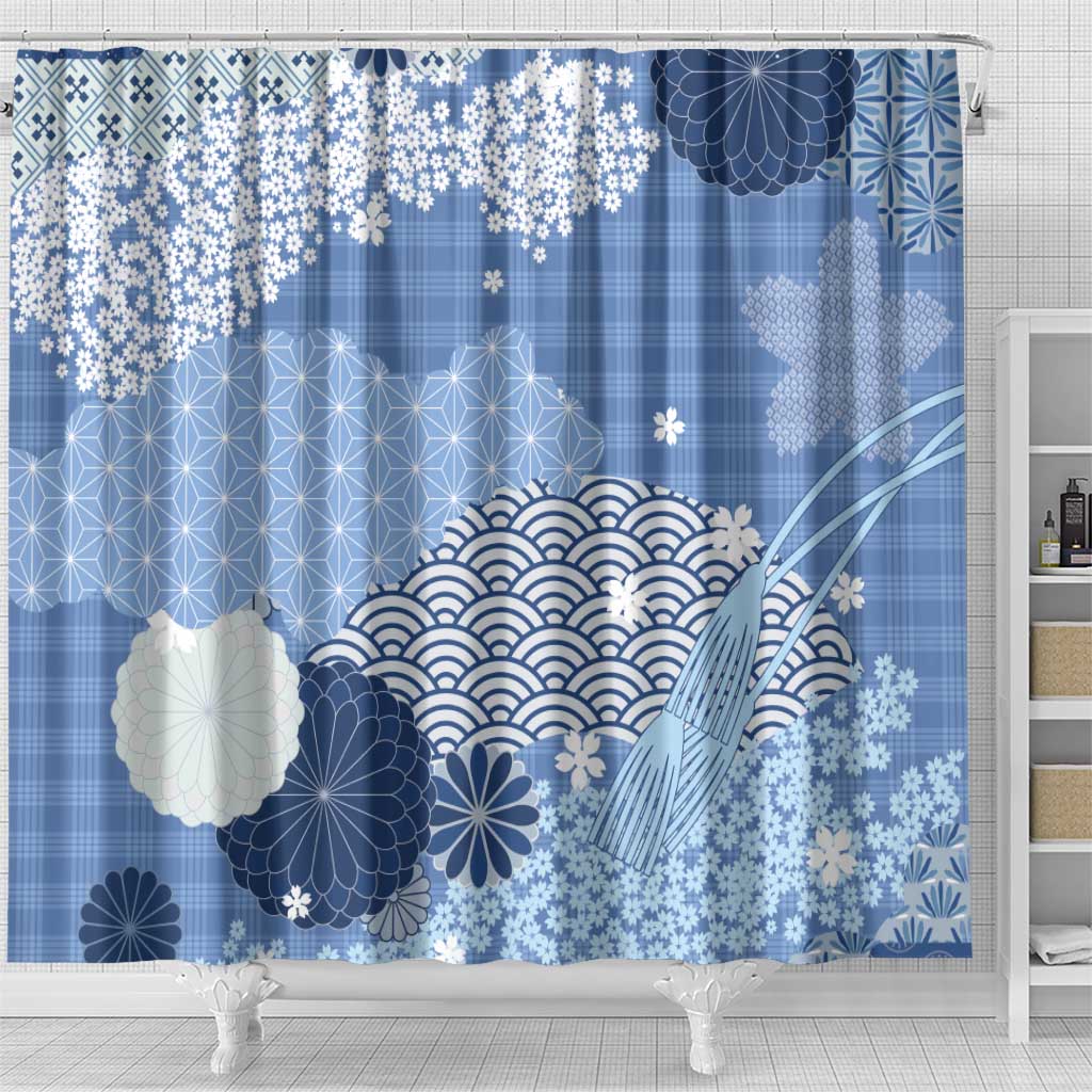 Blue Palaka Japanese Patterns Shower Curtain Asanoha Seigaiha Sakura Motif - Polynesian Pride