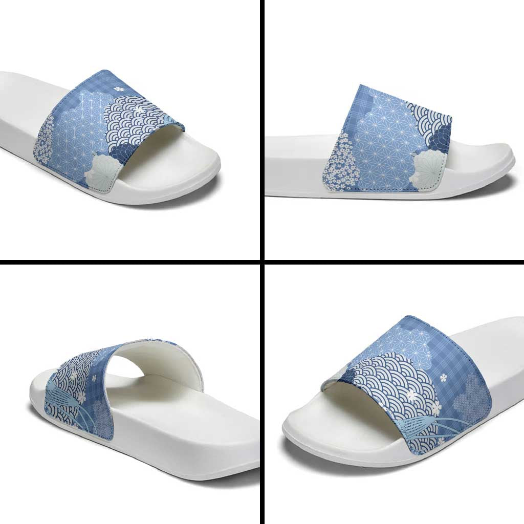 Blue Palaka Japanese Patterns Slide Sandals Asanoha Seigaiha Sakura Motif - Polynesian Pride