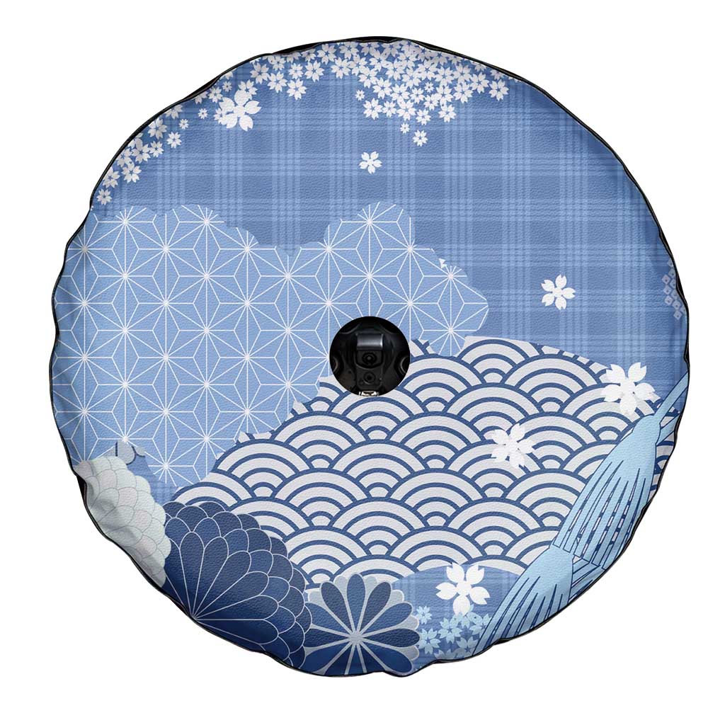 Blue Palaka Japanese Patterns Spare Tire Cover Asanoha Seigaiha Sakura Motif - Polynesian Pride