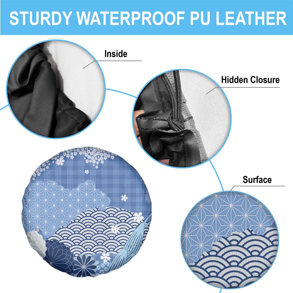 Blue Palaka Japanese Patterns Spare Tire Cover Asanoha Seigaiha Sakura Motif - Polynesian Pride