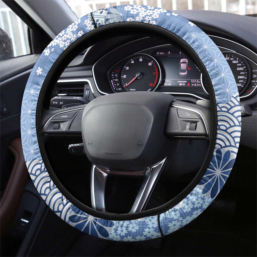 Blue Palaka Japanese Patterns Steering Wheel Cover Asanoha Seigaiha Sakura Motif - Polynesian Pride
