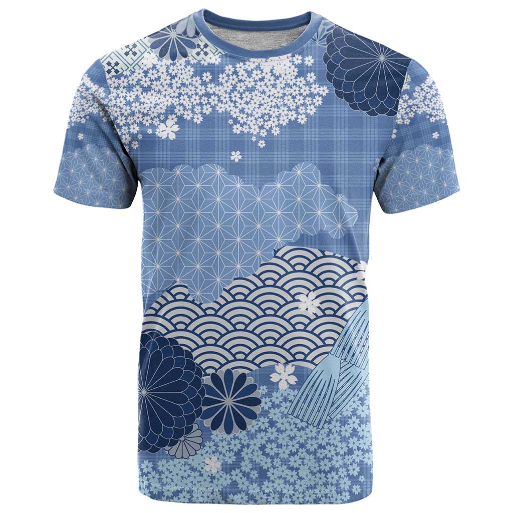 Blue Palaka Japanese Patterns T Shirt Asanoha Seigaiha Sakura Motif - Polynesian Pride