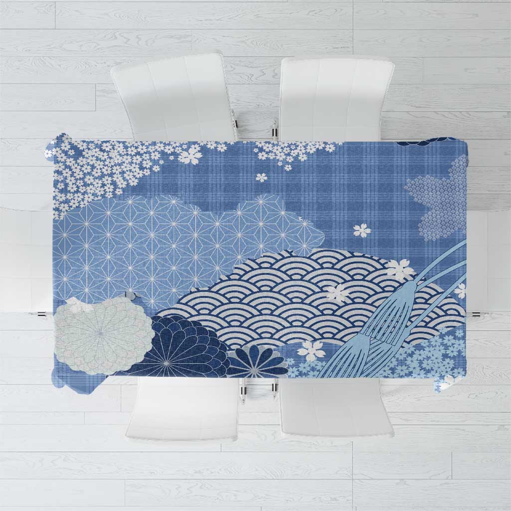 Blue Palaka Japanese Patterns Tablecloth Asanoha Seigaiha Sakura Motif - Polynesian Pride
