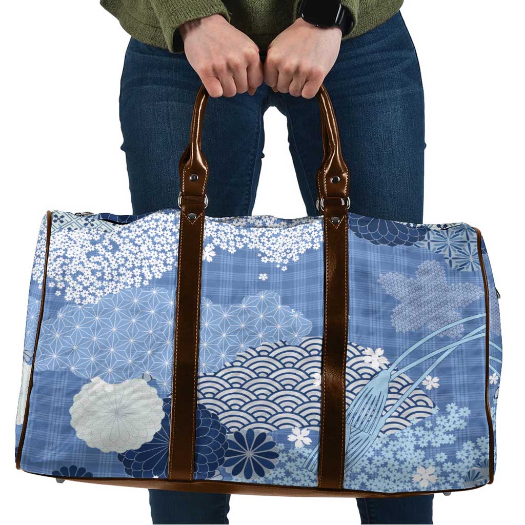 Blue Palaka Japanese Patterns Travel Bag Asanoha Seigaiha Sakura Motif - Polynesian Pride
