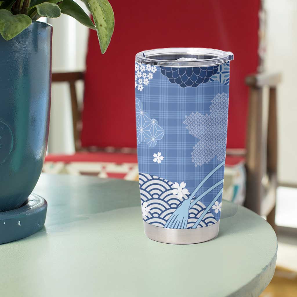 Blue Palaka Japanese Patterns Tumbler Cup Asanoha Seigaiha Sakura Motif - Polynesian Pride