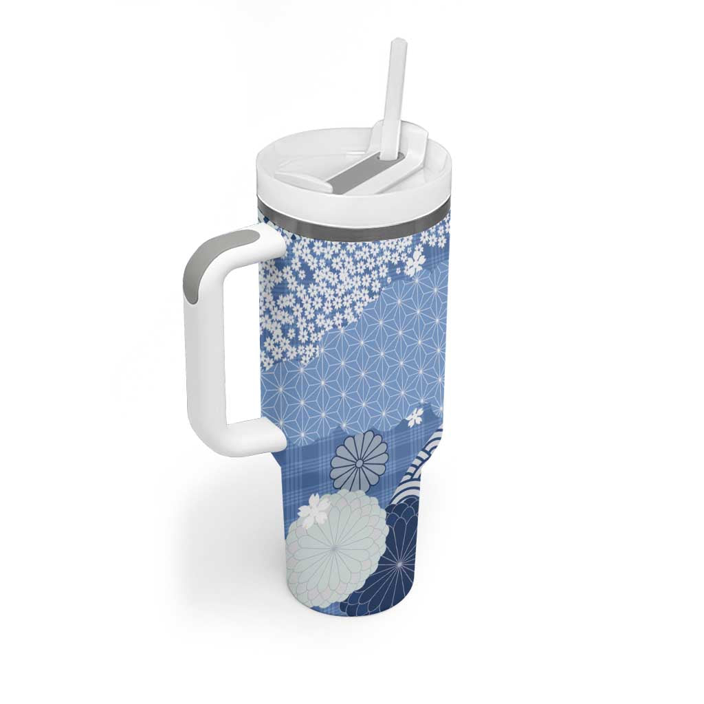 Blue Palaka Japanese Patterns Tumbler With Handle Asanoha Seigaiha Sakura Motif - Polynesian Pride