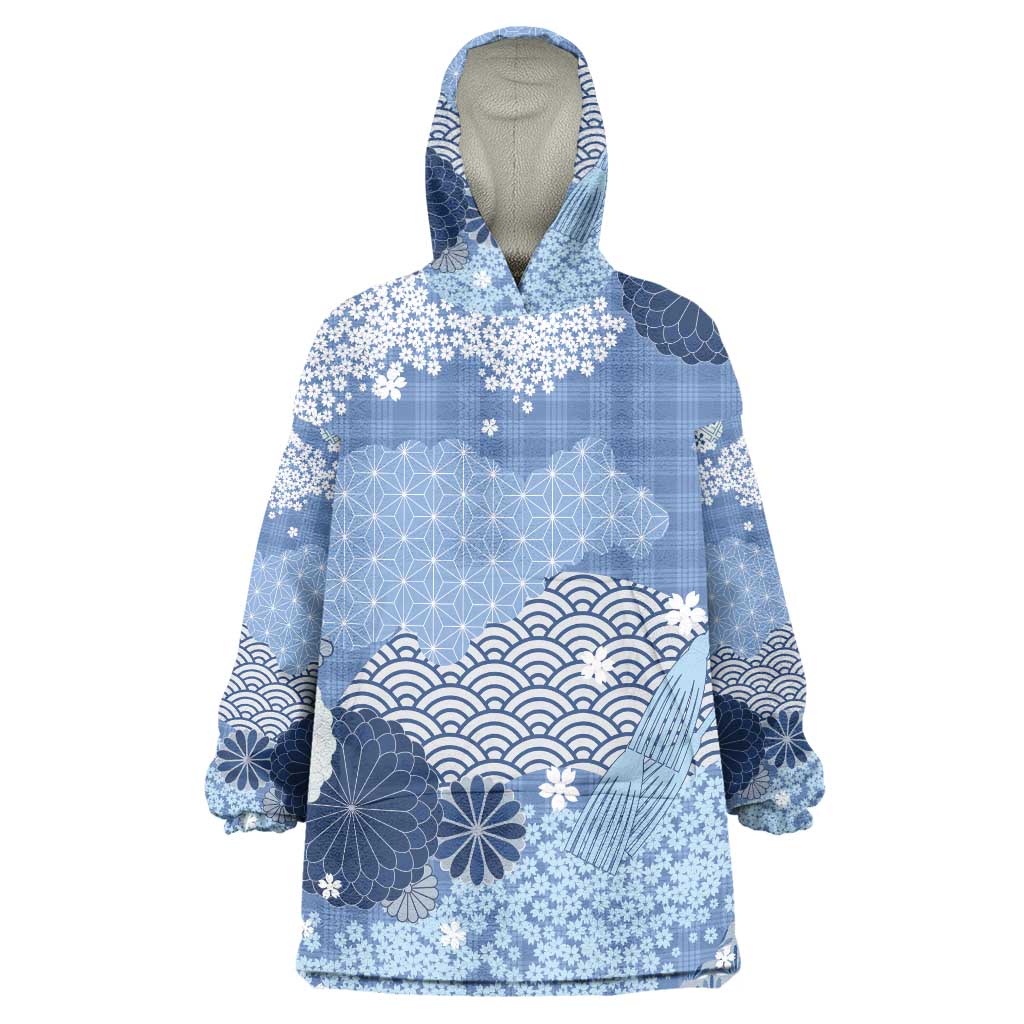 Blue Palaka Japanese Patterns Wearable Blanket Hoodie Asanoha Seigaiha Sakura Motif - Polynesian Pride
