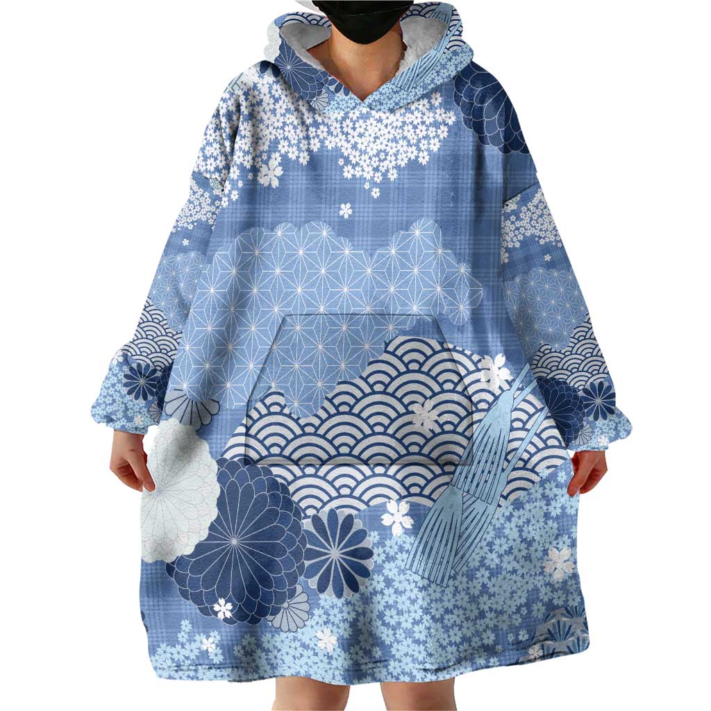 Blue Palaka Japanese Patterns Wearable Blanket Hoodie Asanoha Seigaiha Sakura Motif - Polynesian Pride