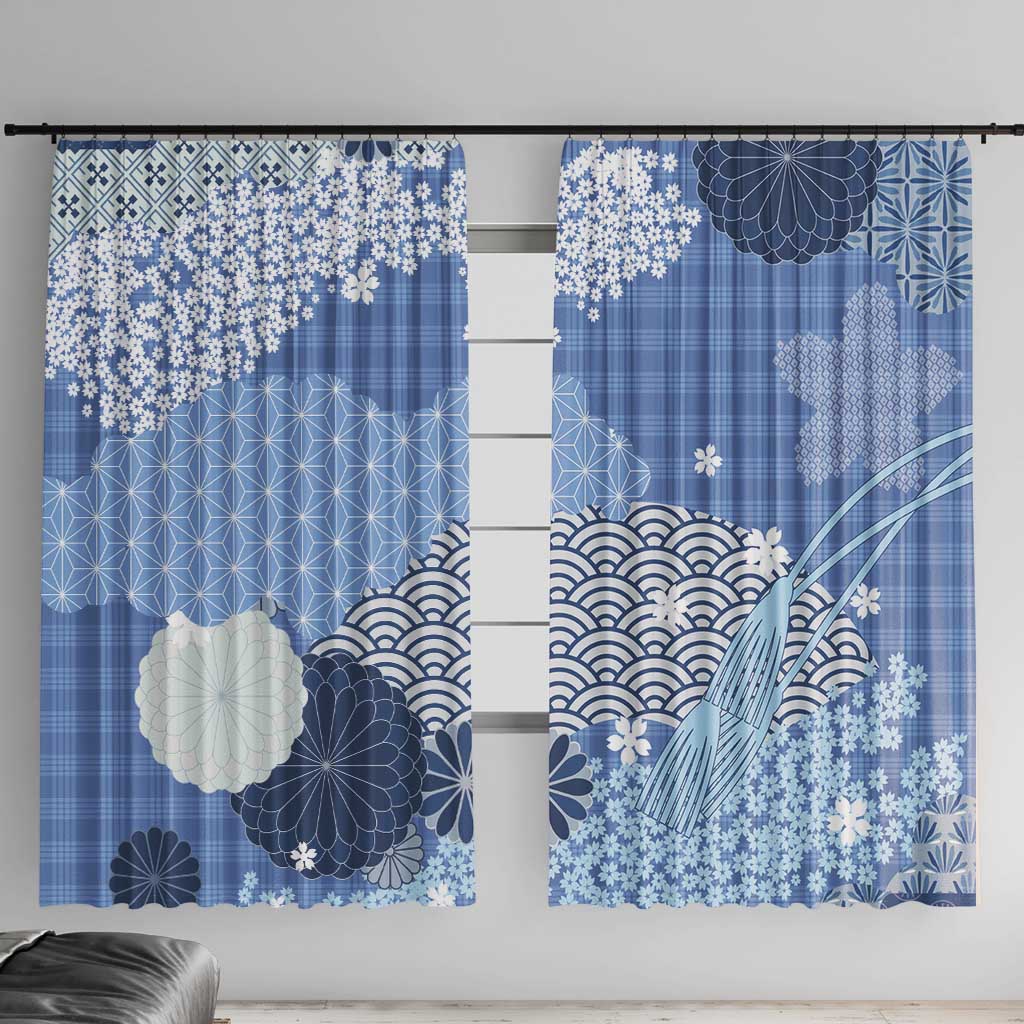 Blue Palaka Japanese Patterns Window Curtain Asanoha Seigaiha Sakura Motif - Polynesian Pride