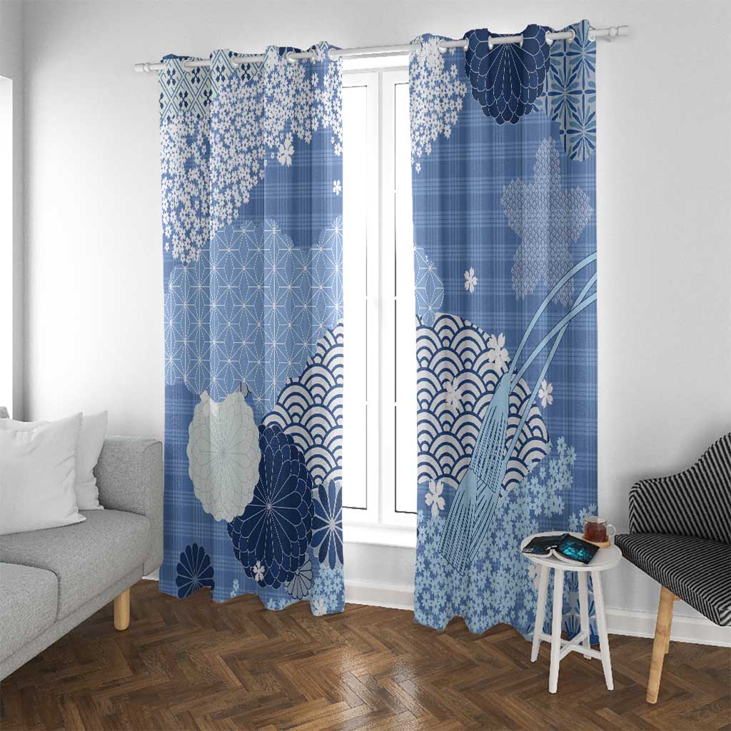 Blue Palaka Japanese Patterns Window Curtain Asanoha Seigaiha Sakura Motif - Polynesian Pride