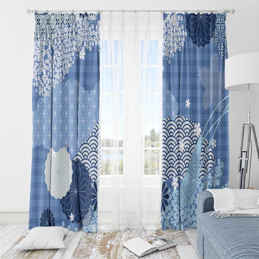 Blue Palaka Japanese Patterns Window Curtain Asanoha Seigaiha Sakura Motif - Polynesian Pride