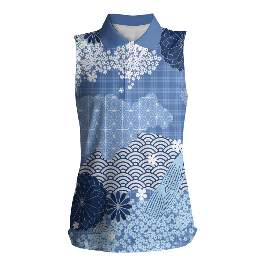 Blue Palaka Japanese Patterns Women Sleeveless Polo Shirt Asanoha Seigaiha Sakura Motif - Polynesian Pride