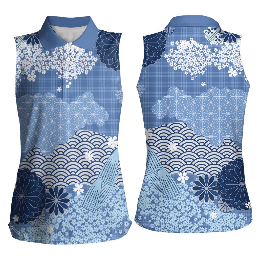 Blue Palaka Japanese Patterns Women Sleeveless Polo Shirt Asanoha Seigaiha Sakura Motif - Polynesian Pride