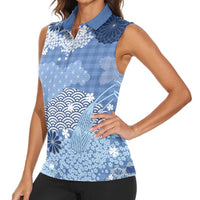 Blue Palaka Japanese Patterns Women Sleeveless Polo Shirt Asanoha Seigaiha Sakura Motif - Polynesian Pride