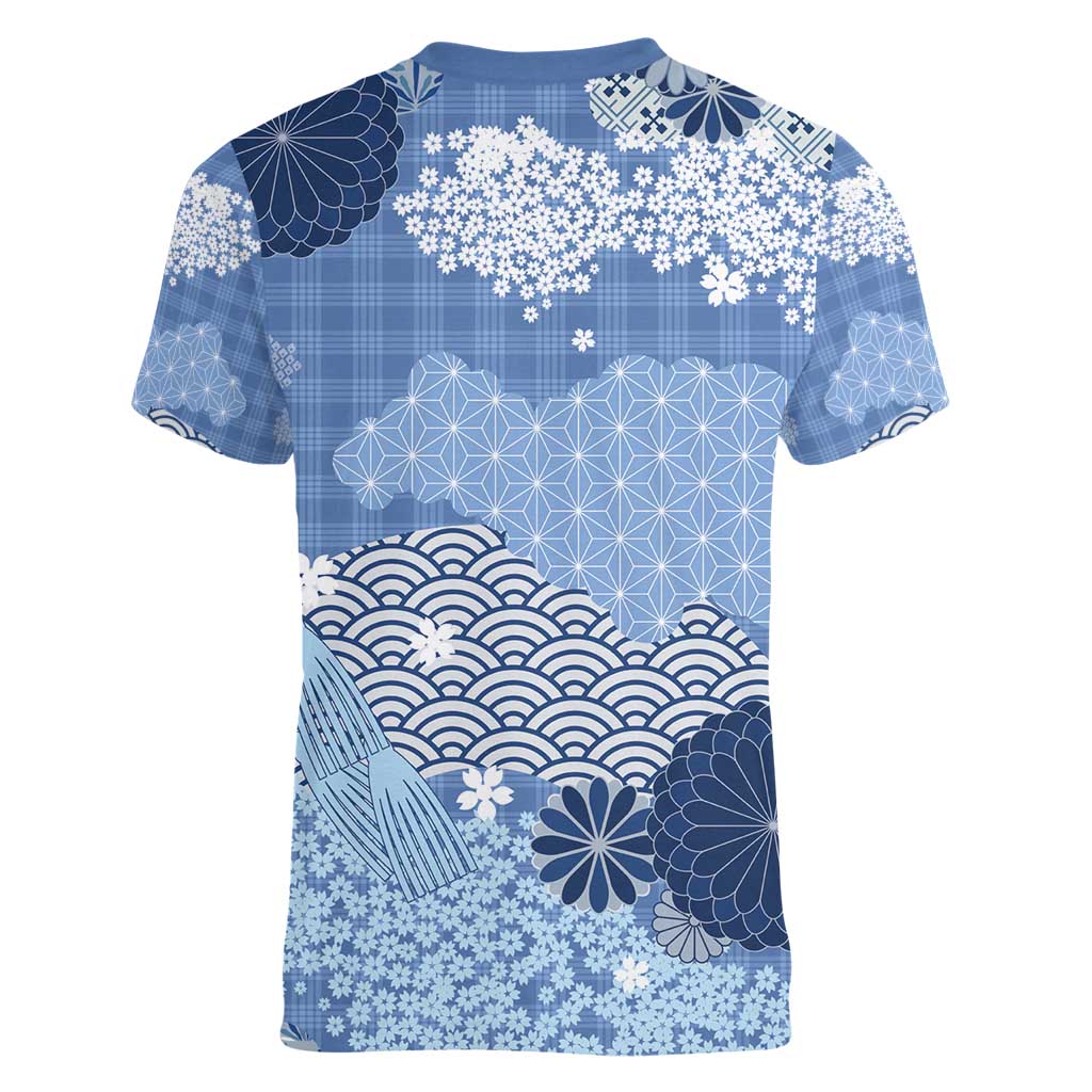 Blue Palaka Japanese Patterns Women V-Neck T-Shirt Asanoha Seigaiha Sakura Motif - Polynesian Pride