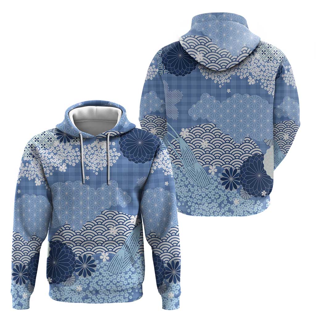 Blue Palaka Japanese Patterns Zip Hoodie Asanoha Seigaiha Sakura Motif - Polynesian Pride