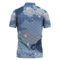 Blue Palaka Japanese Patterns Zipper Polo Shirt Asanoha Seigaiha Sakura Motif - Polynesian Pride