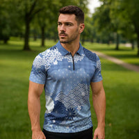 Blue Palaka Japanese Patterns Zipper Polo Shirt Asanoha Seigaiha Sakura Motif - Polynesian Pride