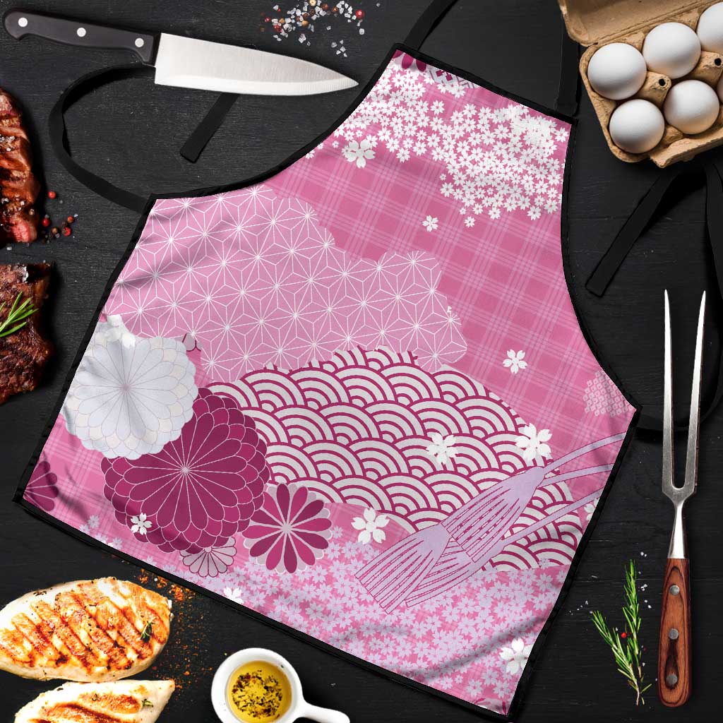 Pink Palaka Japanese Patterns Apron Asanoha Seigaiha Sakura Motif - Polynesian Pride