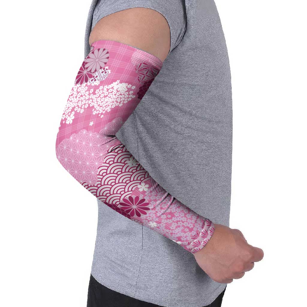 Pink Palaka Japanese Patterns Arm Sleeves Asanoha Seigaiha Sakura Motif - Polynesian Pride