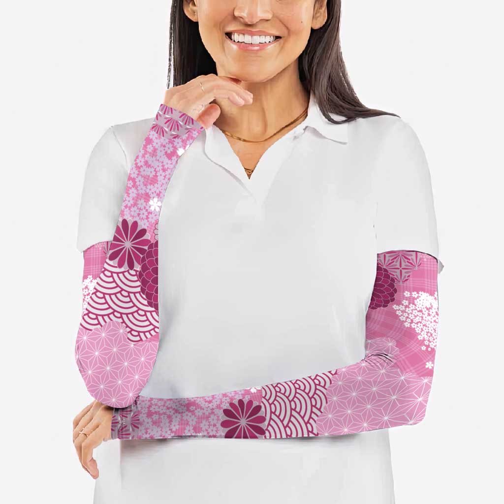 Pink Palaka Japanese Patterns Arm Sleeves Asanoha Seigaiha Sakura Motif - Polynesian Pride