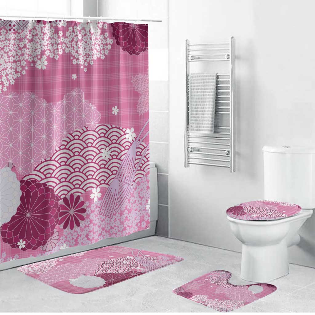 Pink Palaka Japanese Patterns Bathroom Set Asanoha Seigaiha Sakura Motif - Polynesian Pride