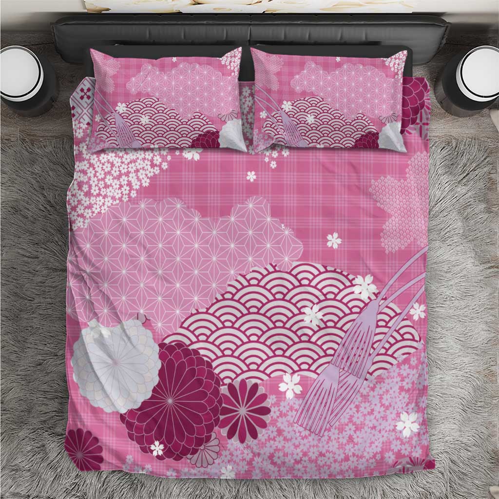 Pink Palaka Japanese Patterns Bedding Set Asanoha Seigaiha Sakura Motif - Polynesian Pride