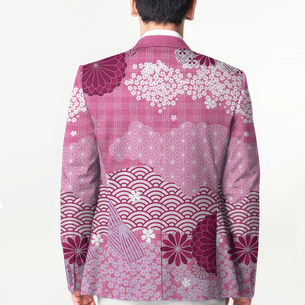 Pink Palaka Japanese Patterns Blazer Asanoha Seigaiha Sakura Motif - Polynesian Pride