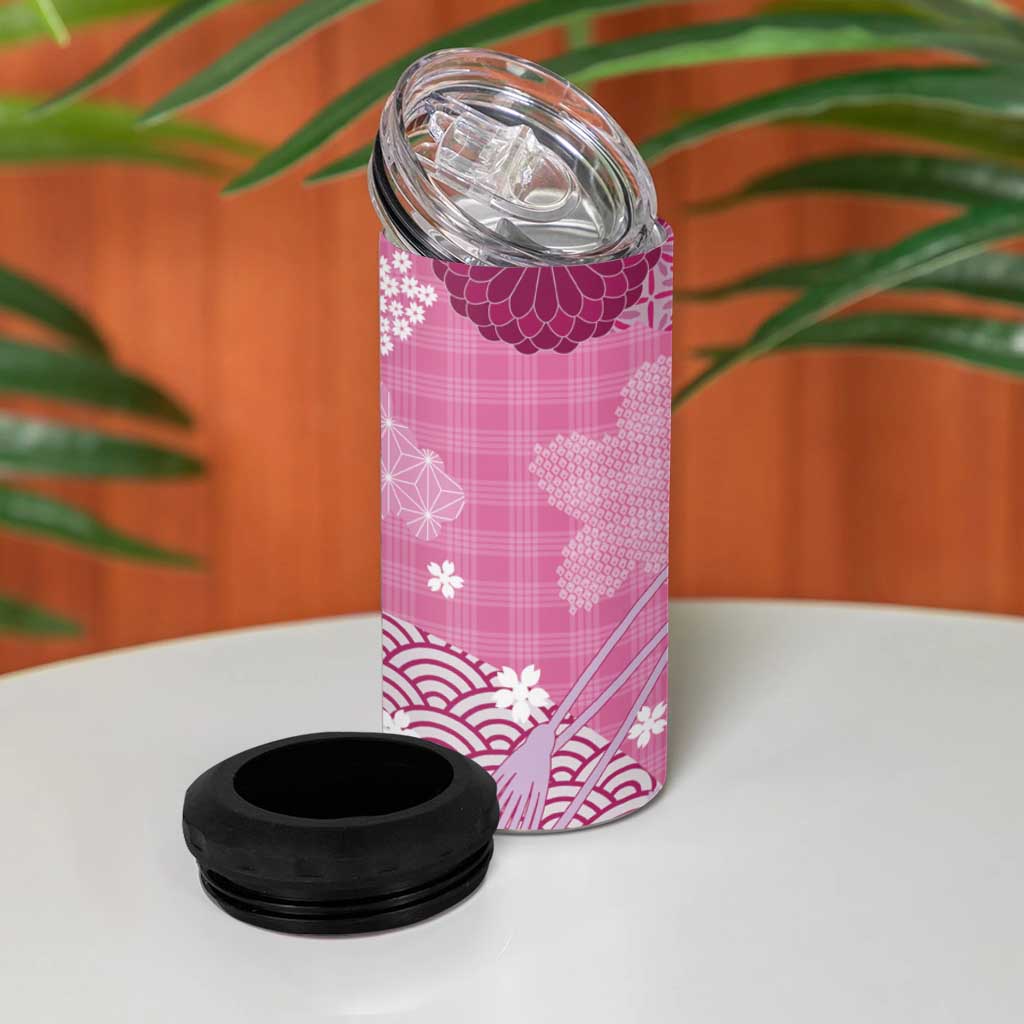 Pink Palaka Japanese Patterns 4 in 1 Can Cooler Tumbler Asanoha Seigaiha Sakura Motif - Polynesian Pride