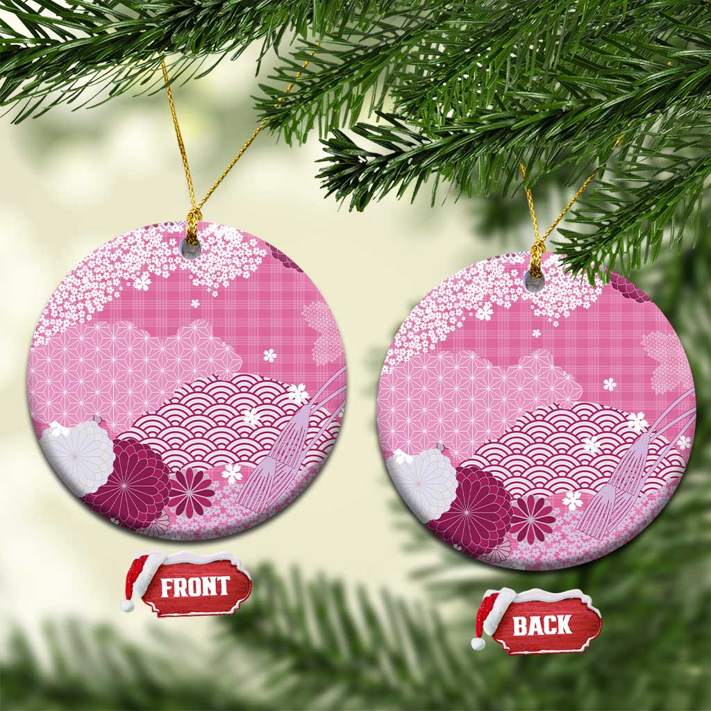 Pink Palaka Japanese Patterns Ceramic Ornament Asanoha Seigaiha Sakura Motif - Polynesian Pride