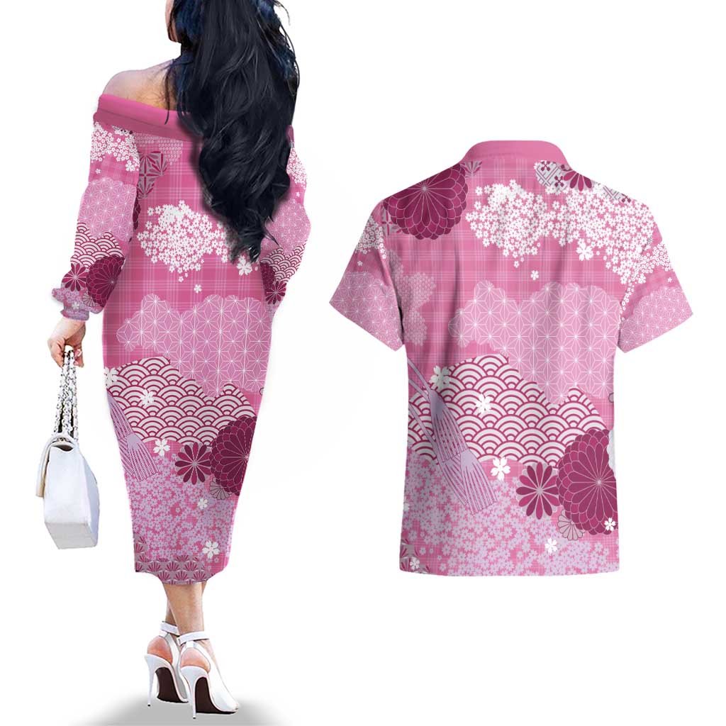 Pink Palaka Japanese Patterns Couples Matching Off The Shoulder Long Sleeve Dress and Hawaiian Shirt Asanoha Seigaiha Sakura Motif - Polynesian Pride