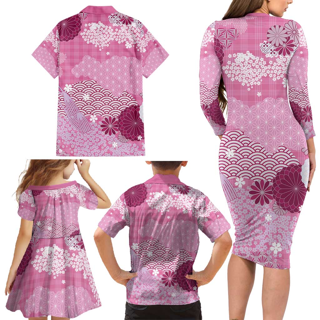 Pink Palaka Japanese Patterns Family Matching Long Sleeve Bodycon Dress and Hawaiian Shirt Asanoha Seigaiha Sakura Motif - Polynesian Pride