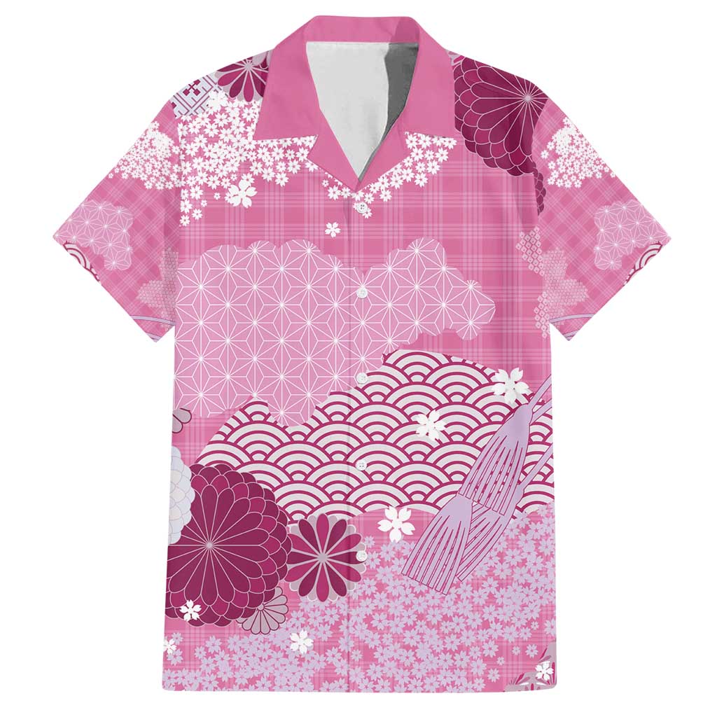 Pink Palaka Japanese Patterns Family Matching Off Shoulder Maxi Dress and Hawaiian Shirt Asanoha Seigaiha Sakura Motif - Polynesian Pride