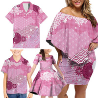 Pink Palaka Japanese Patterns Family Matching Off Shoulder Short Dress and Hawaiian Shirt Asanoha Seigaiha Sakura Motif - Polynesian Pride