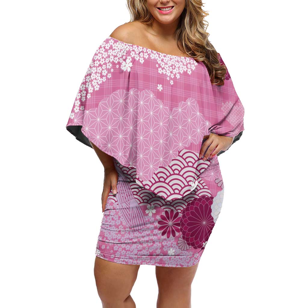 Pink Palaka Japanese Patterns Family Matching Off Shoulder Short Dress and Hawaiian Shirt Asanoha Seigaiha Sakura Motif - Polynesian Pride