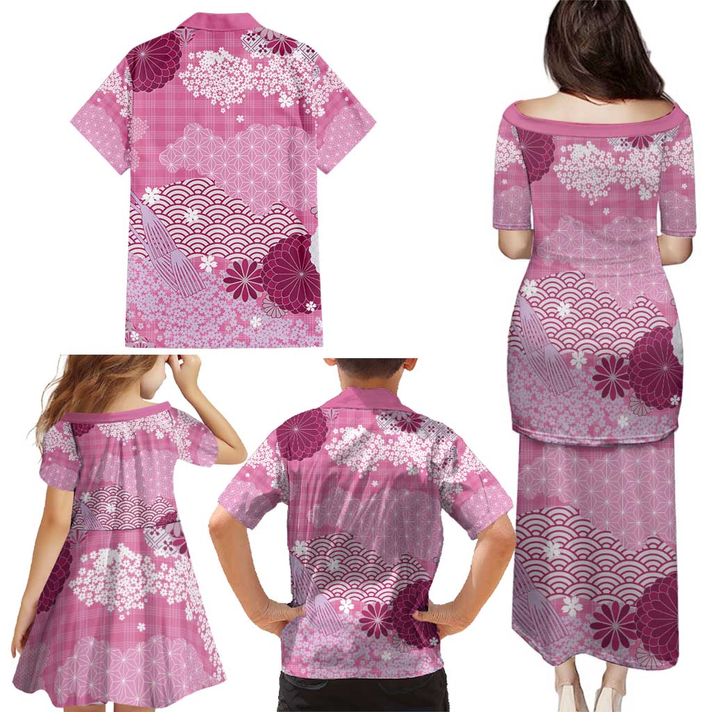 Pink Palaka Japanese Patterns Family Matching Puletasi and Hawaiian Shirt Asanoha Seigaiha Sakura Motif - Polynesian Pride