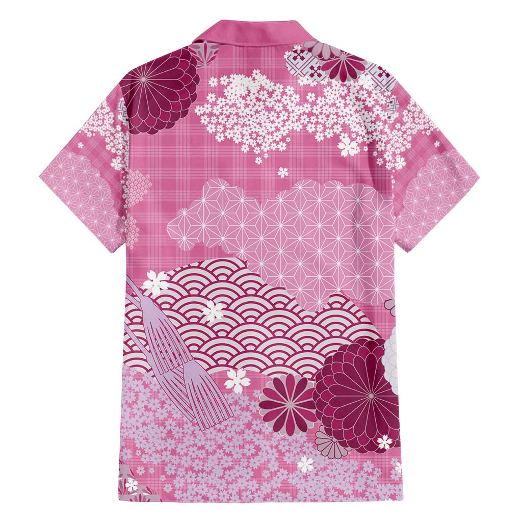 Pink Palaka Japanese Patterns Family Matching Puletasi and Hawaiian Shirt Asanoha Seigaiha Sakura Motif - Polynesian Pride
