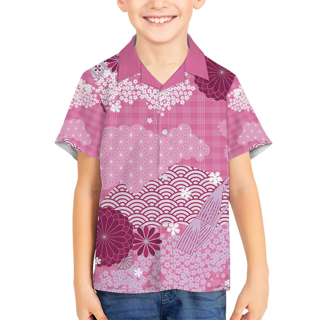 Pink Palaka Japanese Patterns Family Matching Puletasi and Hawaiian Shirt Asanoha Seigaiha Sakura Motif - Polynesian Pride