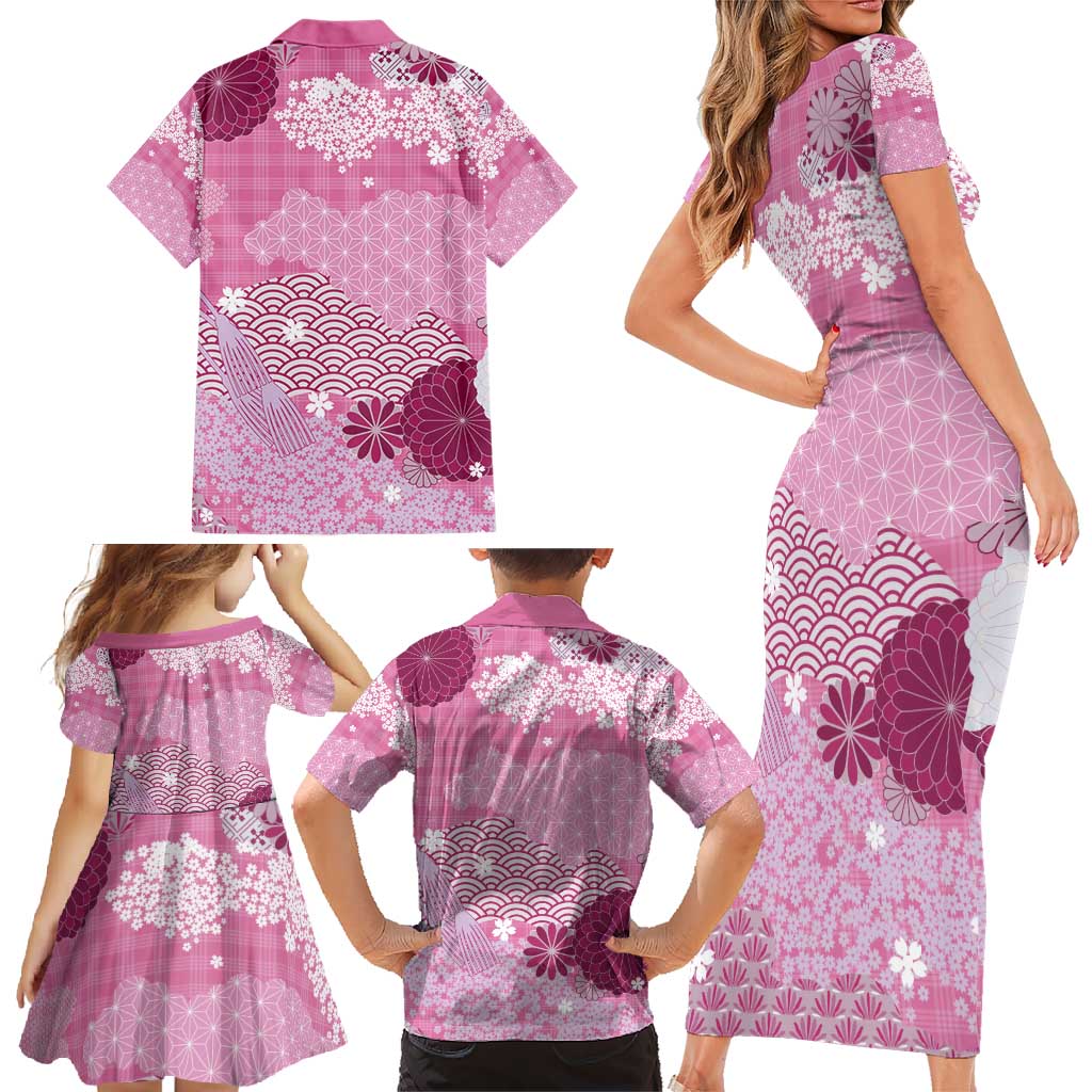 Pink Palaka Japanese Patterns Family Matching Short Sleeve Bodycon Dress and Hawaiian Shirt Asanoha Seigaiha Sakura Motif - Polynesian Pride