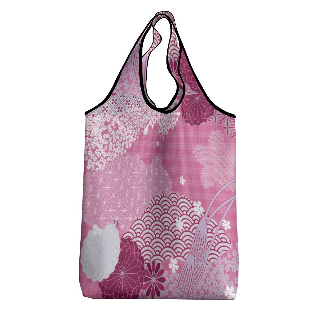 Pink Palaka Japanese Patterns Grocery Bag Asanoha Seigaiha Sakura Motif - Polynesian Pride
