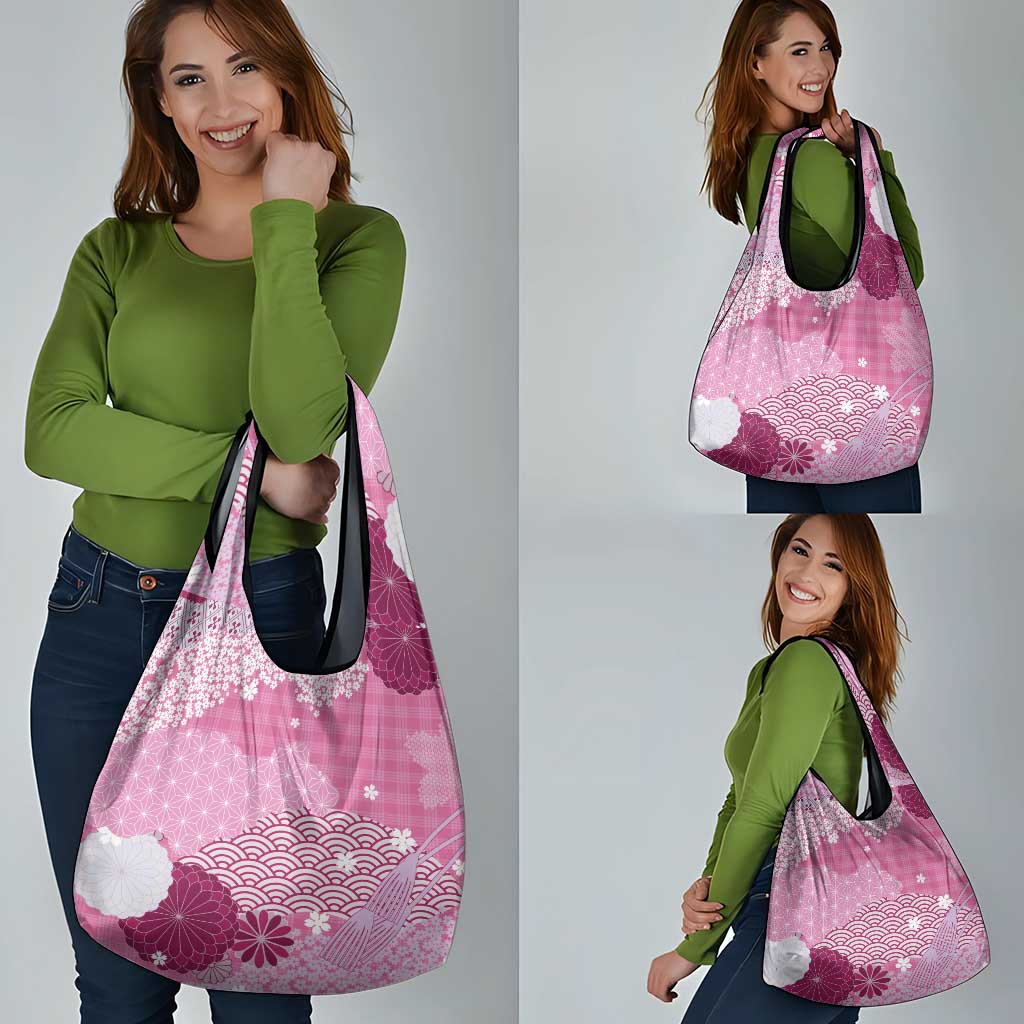 Pink Palaka Japanese Patterns Grocery Bag Asanoha Seigaiha Sakura Motif - Polynesian Pride