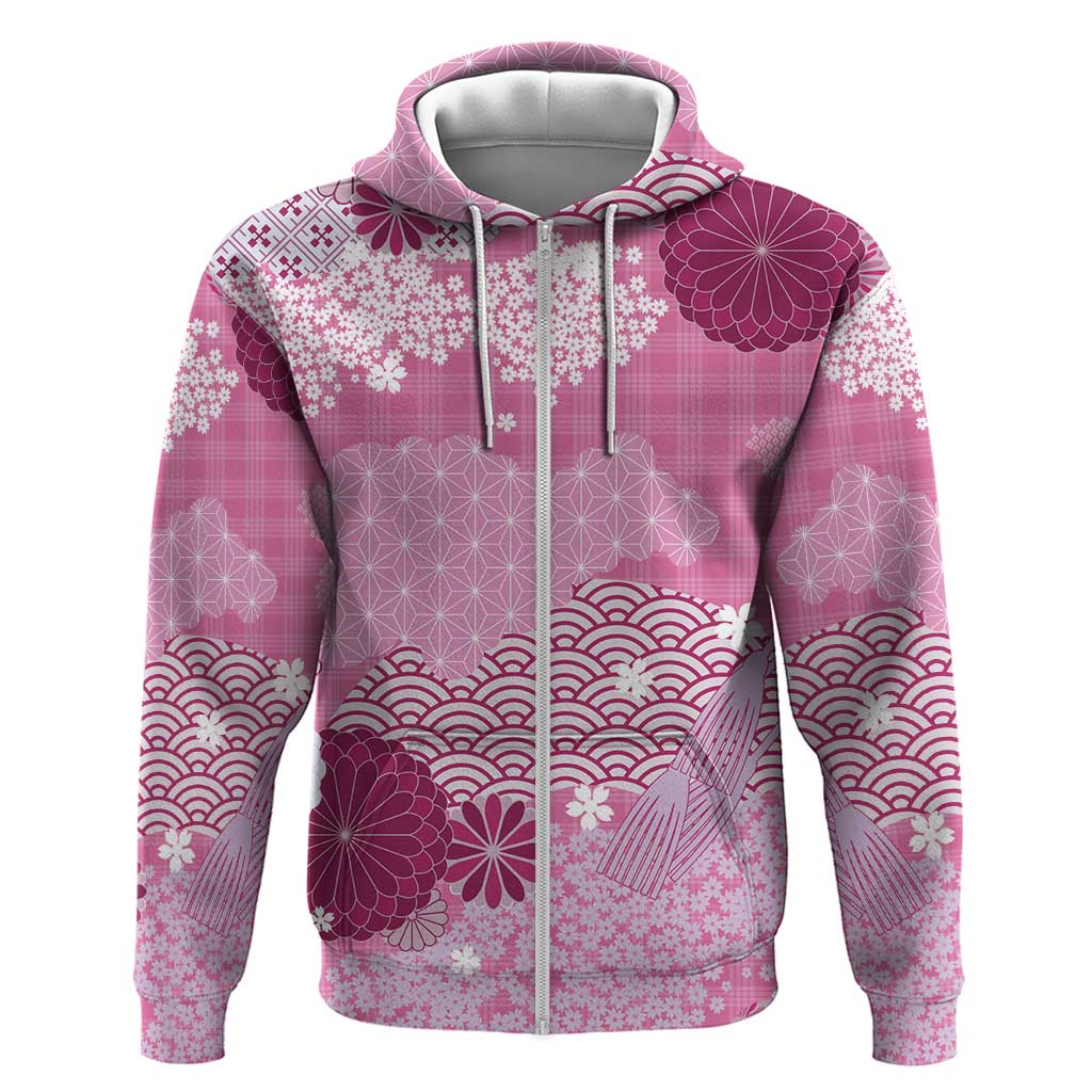 Pink Palaka Japanese Patterns Hoodie Asanoha Seigaiha Sakura Motif - Polynesian Pride