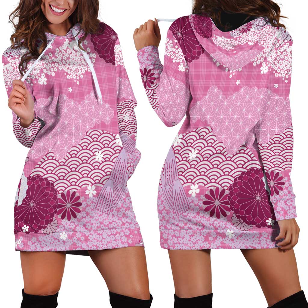 Pink Palaka Japanese Patterns Hoodie Dress Asanoha Seigaiha Sakura Motif - Polynesian Pride