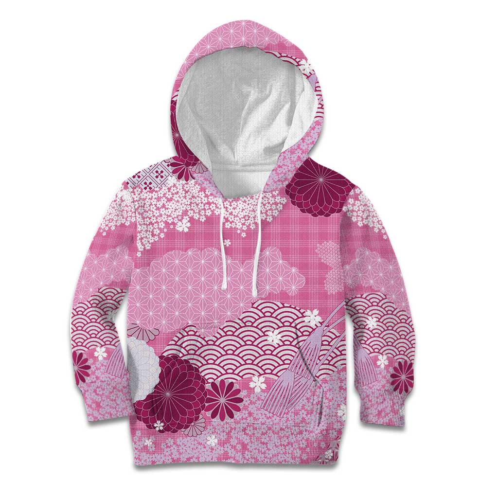 Pink Palaka Japanese Patterns Kid Hoodie Asanoha Seigaiha Sakura Motif - Polynesian Pride