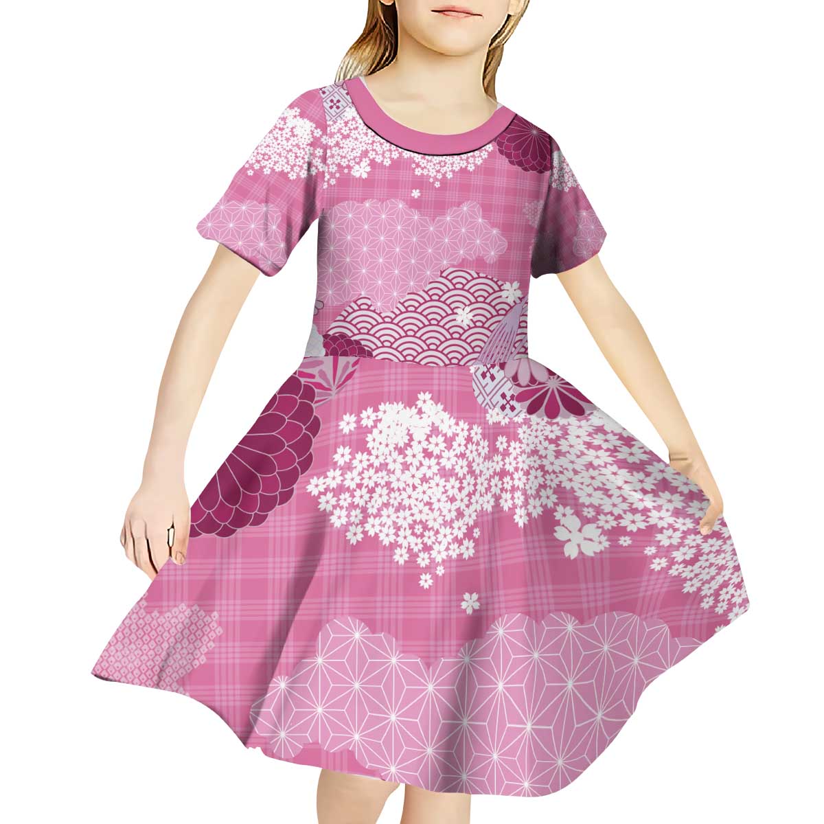 Pink Palaka Japanese Patterns Kid Short Sleeve Dress Asanoha Seigaiha Sakura Motif - Polynesian Pride