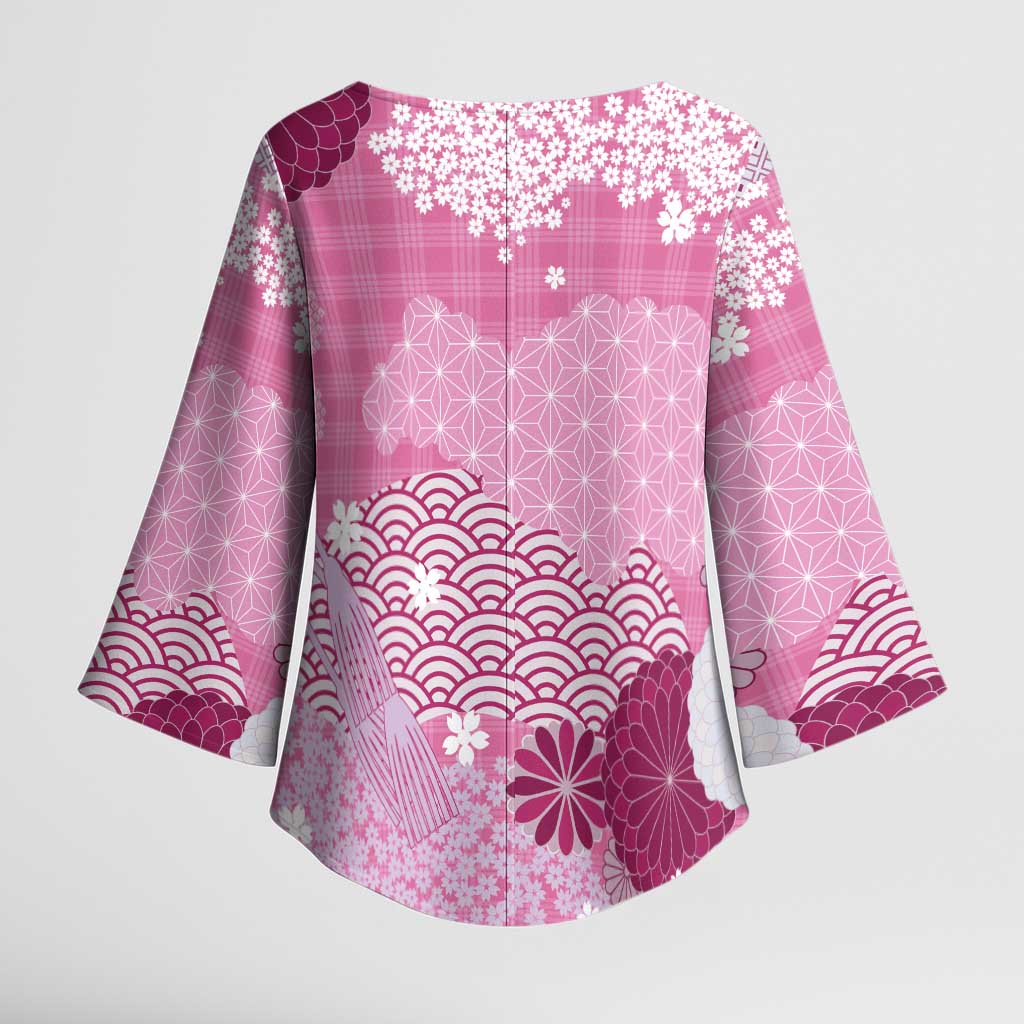 Pink Palaka Japanese Patterns Kimono Sleeve Blouse Asanoha Seigaiha Sakura Motif - Polynesian Pride
