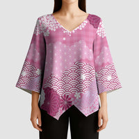 Pink Palaka Japanese Patterns Kimono Sleeve Blouse Asanoha Seigaiha Sakura Motif - Polynesian Pride