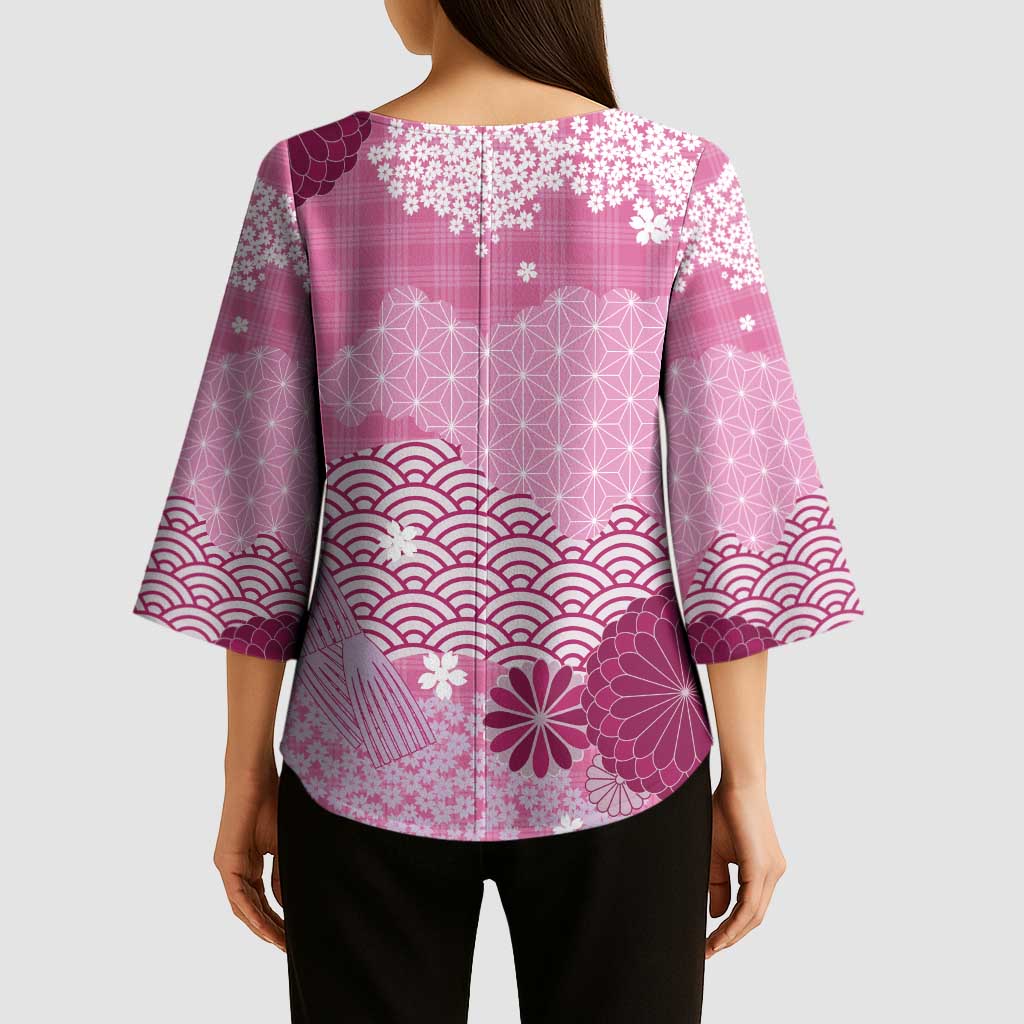 Pink Palaka Japanese Patterns Kimono Sleeve Blouse Asanoha Seigaiha Sakura Motif - Polynesian Pride