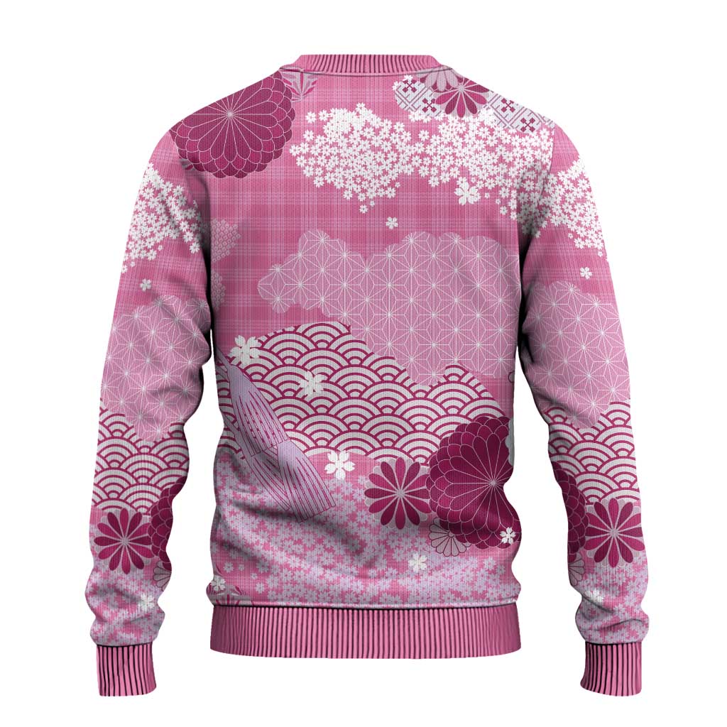 Pink Palaka Japanese Patterns Ugly Christmas Sweater Asanoha Seigaiha Sakura Motif - Polynesian Pride
