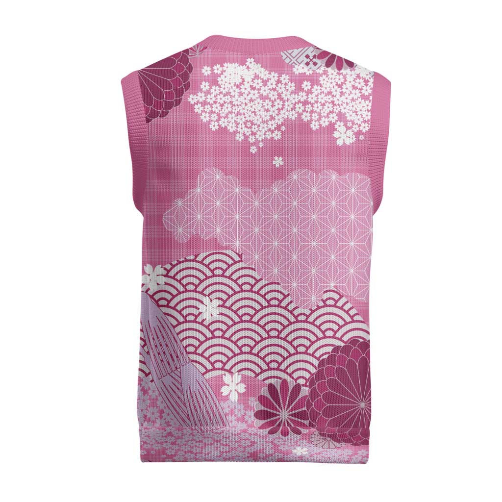 Pink Palaka Japanese Patterns Christmas Knitted V-Neck Vest Asanoha Seigaiha Sakura Motif LT14 - Polynesian Pride